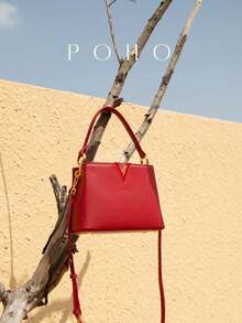 POHO品牌定制V字形中号手提包，优雅经典时尚 - 红色 - 字母V - 紅色 - 查看 6