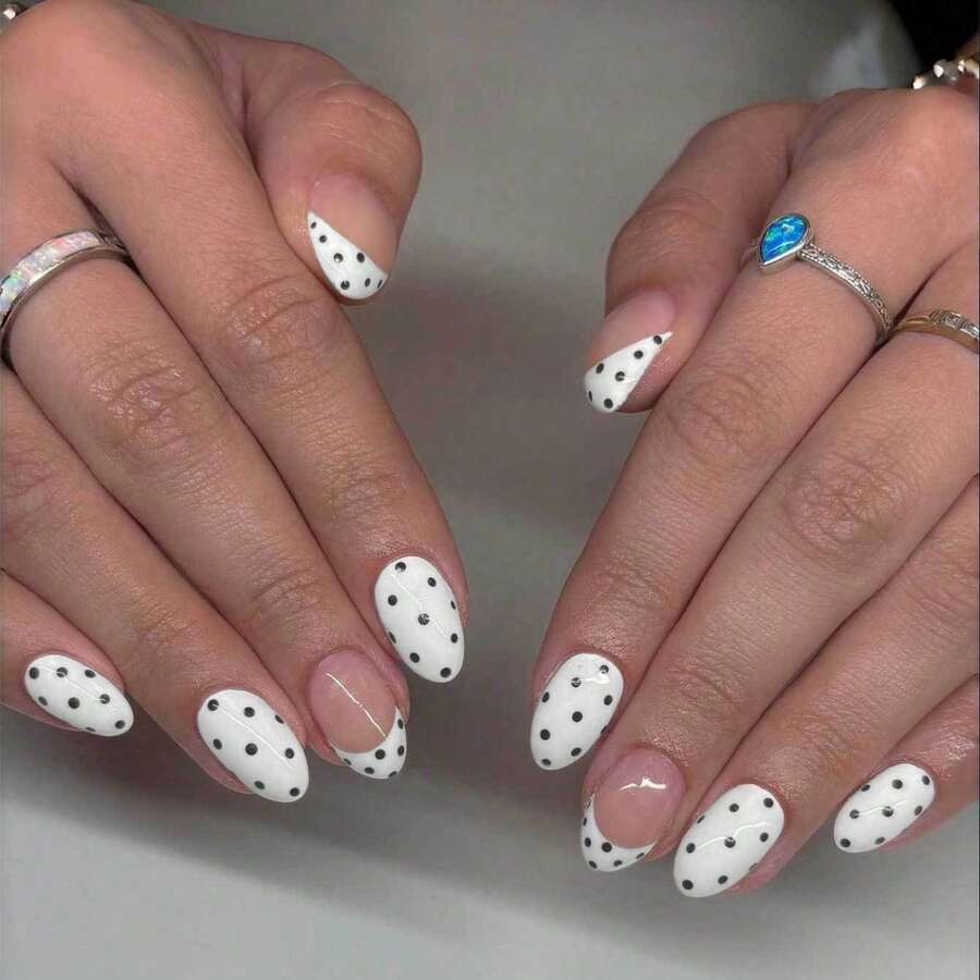 24 Pieces Of Oval-Shaped Black Dot And Polka Dot Striped Minimalist Acrylic Nails That Can Be Detached And Worn. - 彩色 - 查看 1