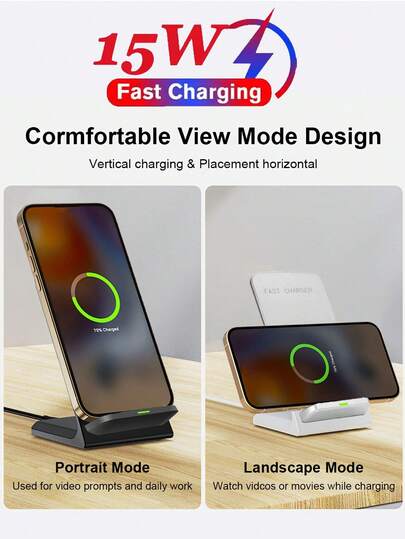 Chargeur sans fil 15W avec charge rapide + support de téléphone à double fonction, compatible avec iPhone 16 15 14 13 12 et autres marques de smartphones. Station de charge à charge rapide (la fonction de charge rapide nécessite un adaptateur secteur 5V2A ou supérieur)