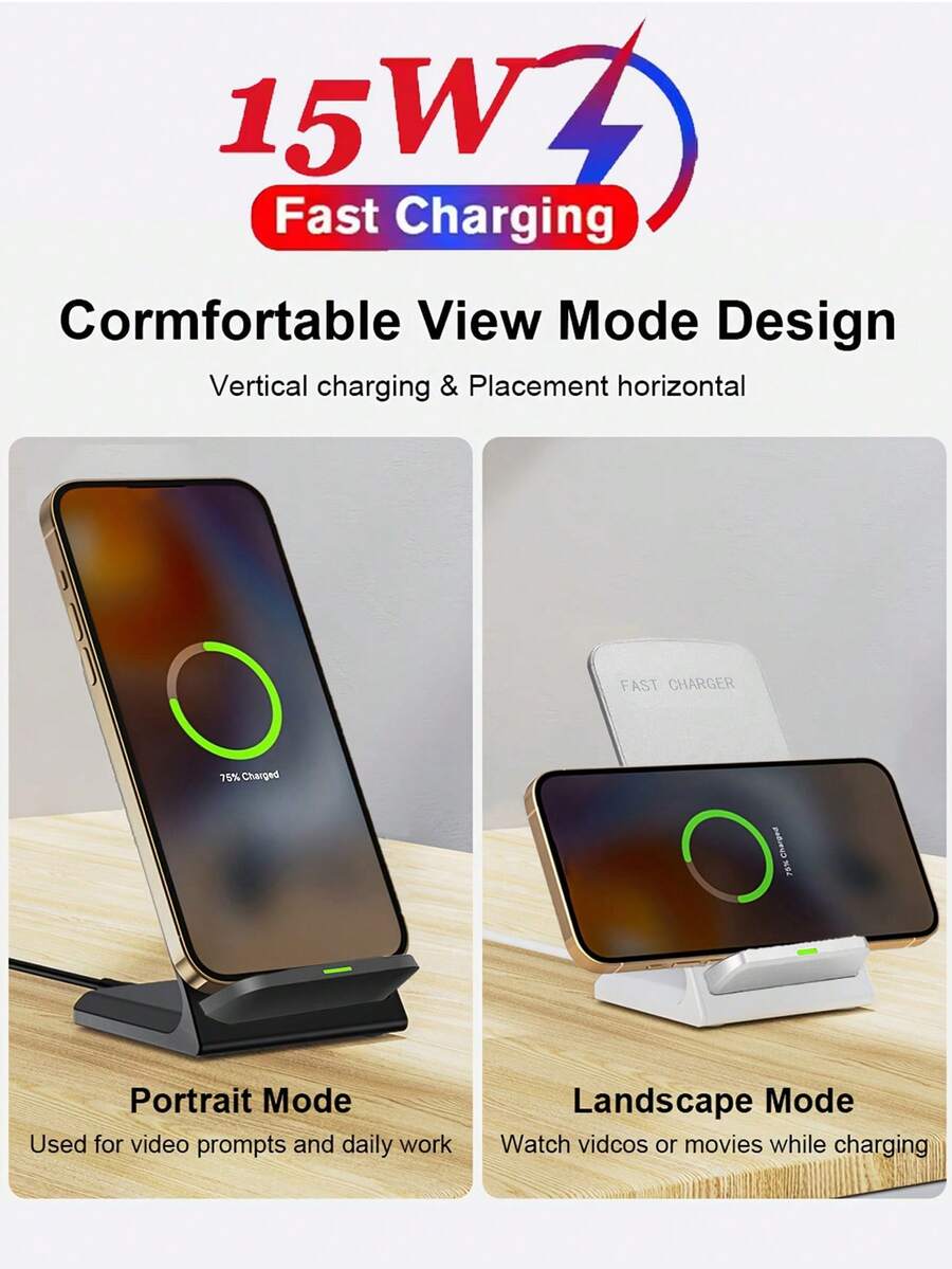 15W无线充电器，支持快速充电+手机支架双功能，兼容 16/15/14/13/12及其他智能手机品牌，快速充电底座（快速充电功能需要5V2A或更高功率的适配器）