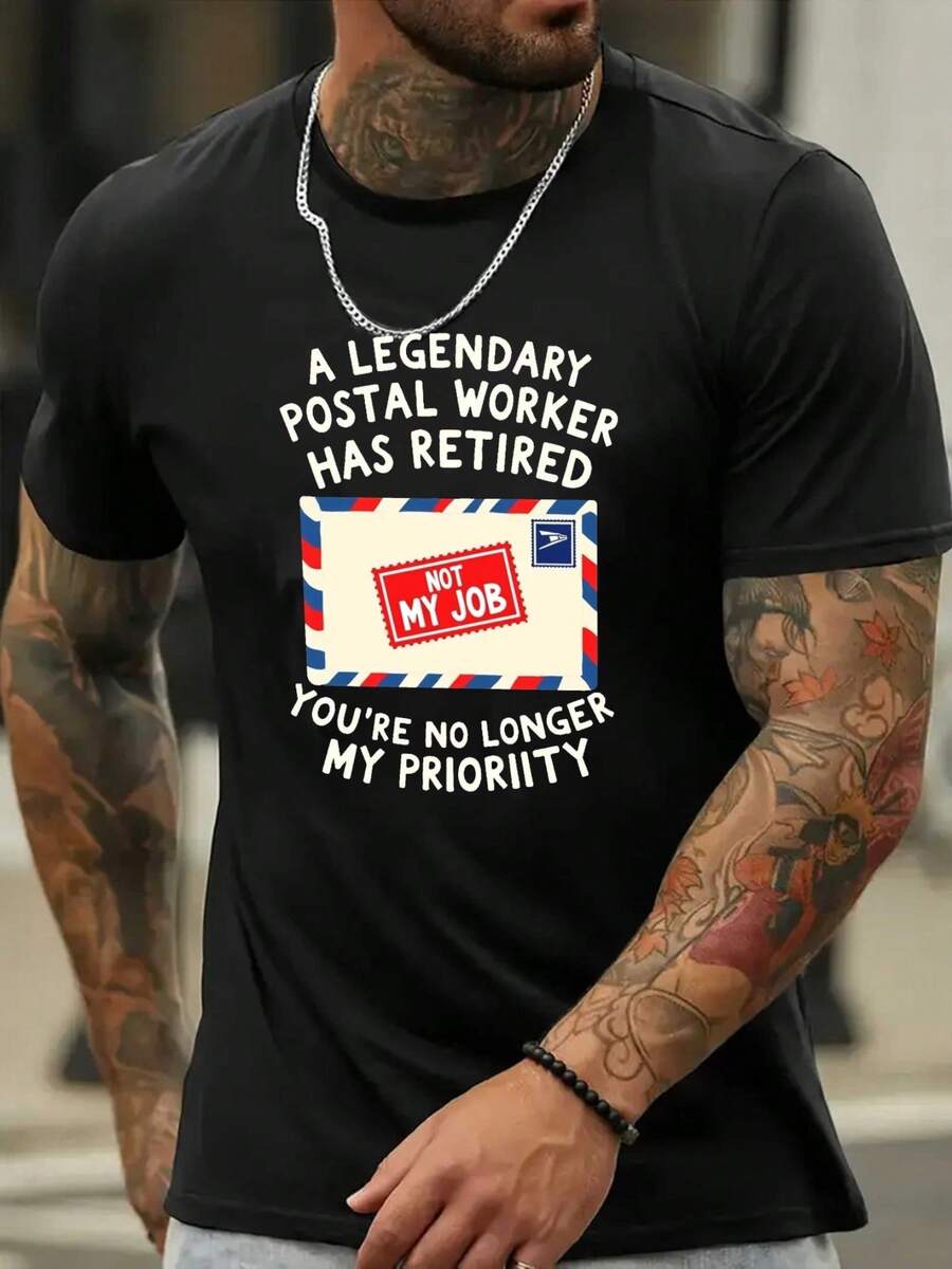 Camiseta Gráfica para Hombre; Leyenda del Trabajador Postal; Mezcla de Algodón. Cuello Redondo Casual. Corte Regular. Camiseta de verano con diseño de estampado llamativo. Ropa Casual de Verano, Camiseta con Diseño Divertido, Tela Microelástica - Negro - Ver 1
