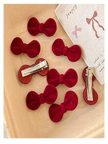 时尚毛绒红色蝴蝶结发夹，复古优雅刘海夹，适合女孩日常佩戴（无卡片） - 紅色 - 查看 7