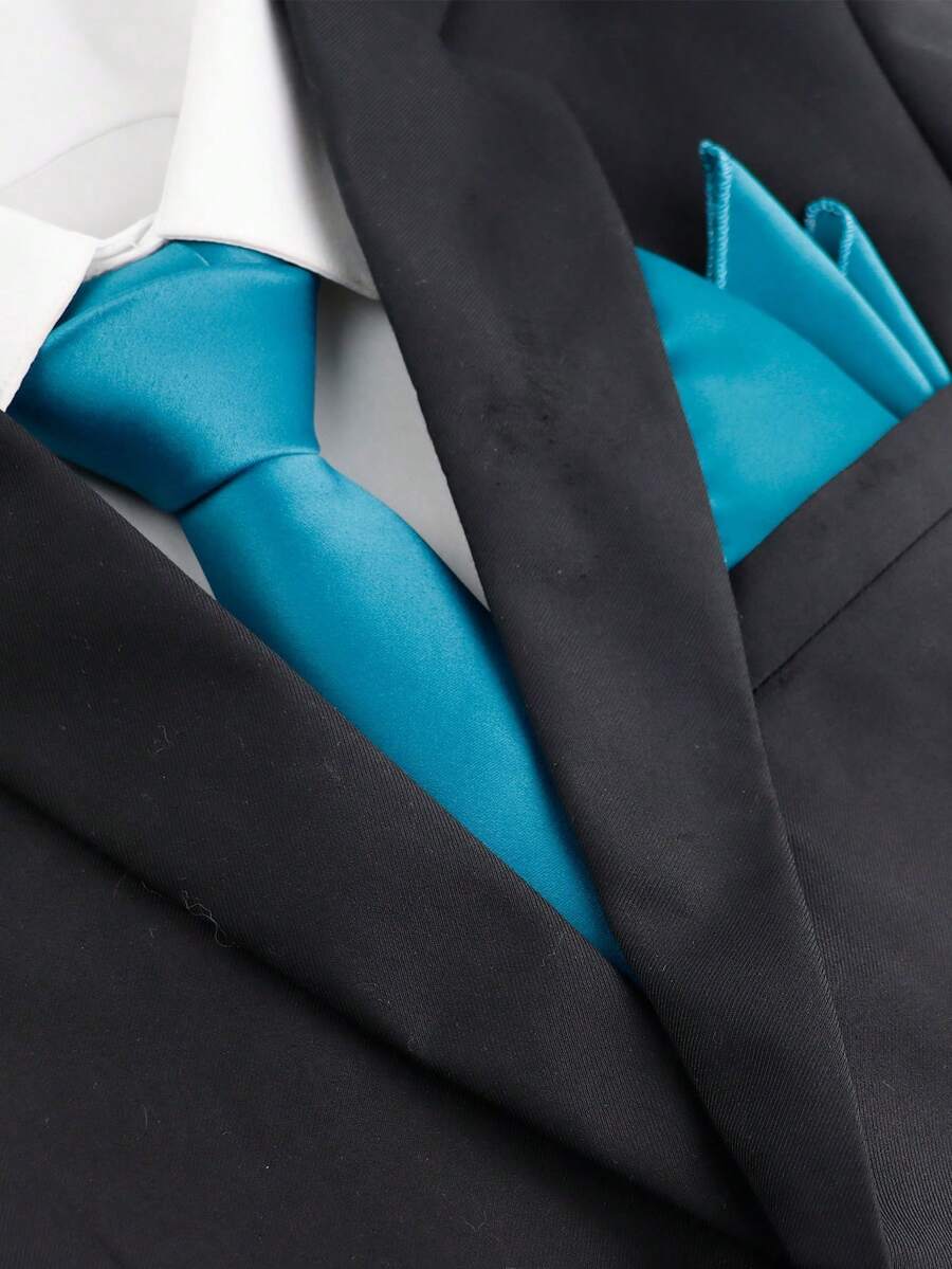 ZLQ&GOU Set Dasi Pria 2 Buah Bahan Polyester Warna Polos, Termasuk Dasi, Sapu Tangan Saku, Sapu Tangan Biru Tosca, dan Aksesoris Lainnya - Teal Blue - View 1