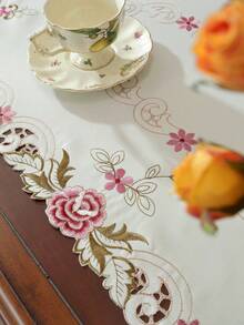 1pc Handmade Embroidered Hollow Floral Tablecloth, Romantic Elegant Dust-Proof Tablecloth, Suitable For Dining Table, Coffee Table, Tea Table, Daily Home Use And Wedding Party Decoration - Red - View 4