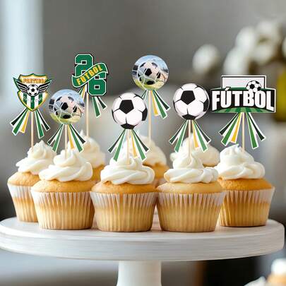 6pcs/24pcs Football Themed Cake Decorations, Football Shaped Cupcake Toppers, Sports Theme Birthday Party Football Cake Decor Set