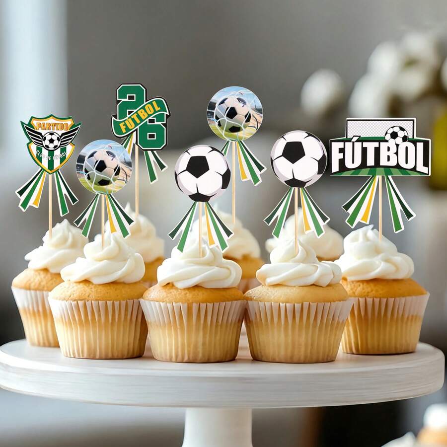 6 pièces/24 pièces Décorations de gâteau thème football, décorations de cupcakes en forme de football, ensemble de décorations de gâteau d'anniversaire thème sportif - multicolore - Voir 1