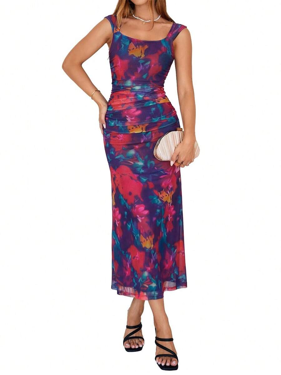 Women's Summer Floral Mesh Ruched Sleeveless Fitted Formal Wedding Guest Party Maxi Dress - 紫底紅花 - 查看 1