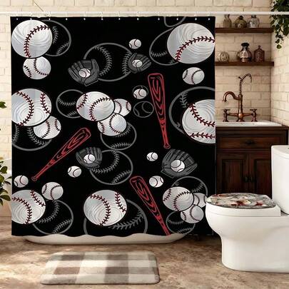 Black Red Baseball Gear Line Art Shower Curtain, Minimalist Baseball Bat Glove And Ball Pattern, Waterproof Polyester Bath Curtain, Modern Sports Bathroom Decor, Sleek Athletic Style Restroom Partition, Line Art Baseball Print Bath Curtain For Home, Mildew Resistant Quick Dry Bathroom Curtain, Sophisticated Sports Aesthetic Restroom Decoration, Popular Minimalist Sports Bath Curtain