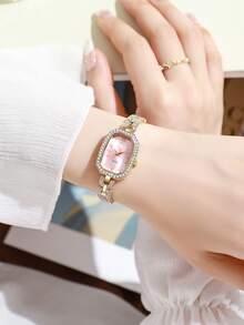 Women's Watch, Elegant & Fashionable, Square Rhinestone Dial Quartz Watch, Suitable For Daily Wear, Birthday Gift, Back To School, Thanksgiving, Couples, Ultimate Gift - Pink - View 3