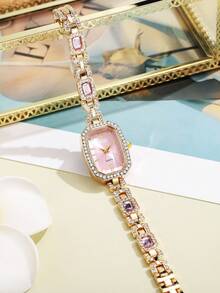 Women's Watch, Elegant & Fashionable, Square Rhinestone Dial Quartz Watch, Suitable For Daily Wear, Birthday Gift, Back To School, Thanksgiving, Couples, Ultimate Gift - Pink - View 2