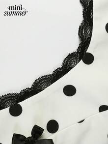 Women's White & Black Polka Dot Square Collar Lace Trim Bow Midi Dress - Elegant Casual Everyday Wear - White - View 10