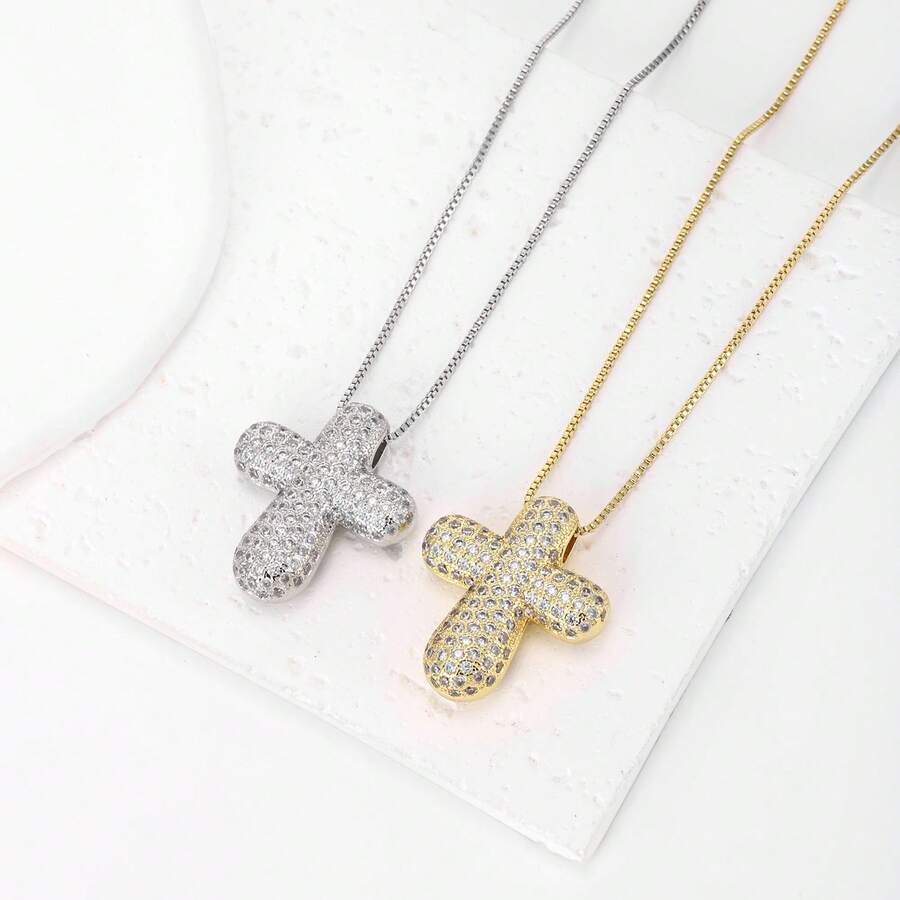 1pc White Zirconia 18k Gold Plated Copper Cross Pendant Necklace, Elegant Jewelry Gift For Women, Minimalist Design - Pendant Necklace - View 1
