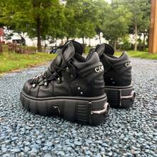Punk Style Pure Black Unisex Chunky Platform Sneakers Metal Decoration Vintage Light Lace-Up Leather Single Shoes - màu đen - Xem 11