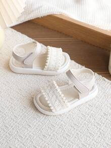 Kids Woven Open Toe Sandals, Girls Hook And Loop Strap Easy On/Off, Non-Slip Soft Sole, Kindergarten Outdoor Casual Sandals - White - View 3