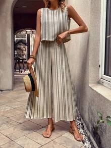 Women's Striped Elegant Casual Party Cable Knit 2 Pieces Set, Summer Beach - Apricot - View 2