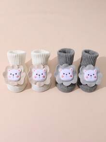 2双装婴儿可爱卡通纯色条纹中筒袜，防滑鞋底，百搭婴儿袜，适合日常穿着 - 彩色 - 查看 2