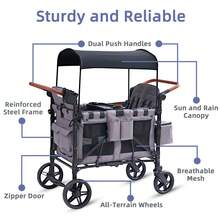 Wagon Stroller For 4 Kids, 4 Seater Wagon Stroller With Snack Tray, With Canopy, Adjustable Handlebars,Foldable Wagon Stroller 4 Seater - Grey - View 3