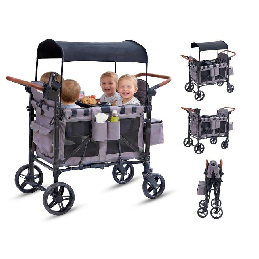 Wagon Stroller For 4 Kids, 4 Seater Wagon Stroller With Snack Tray, With Canopy, Adjustable Handlebars,Foldable Wagon Stroller 4 Seater - Grey - View 1