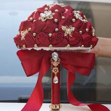 1 Bouquet Elegant High-End Luxury Bridal Wedding Heart Butterfly Pearl Bouquet, Large Gold Crystal Satin Ribbon Rose, Burgundy Fabric Everlasting Flower, Artificial Fabric Rose Bouquet W1207 - Burgundy - View 8
