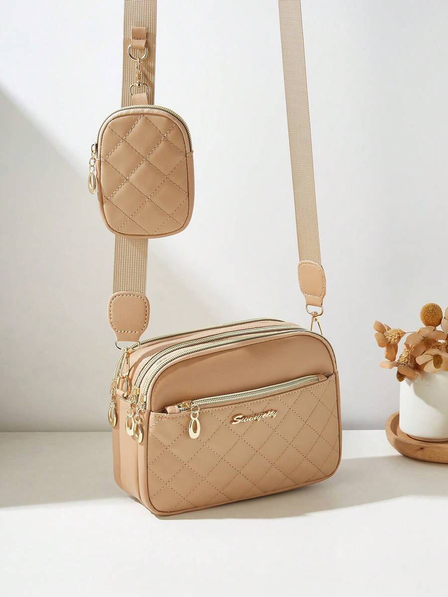 2pcs/Set Fashionable Rhombus Stitching Multilayer Crossbody Shoulder Bag & Charm Bag For Women - Khaki - View 1