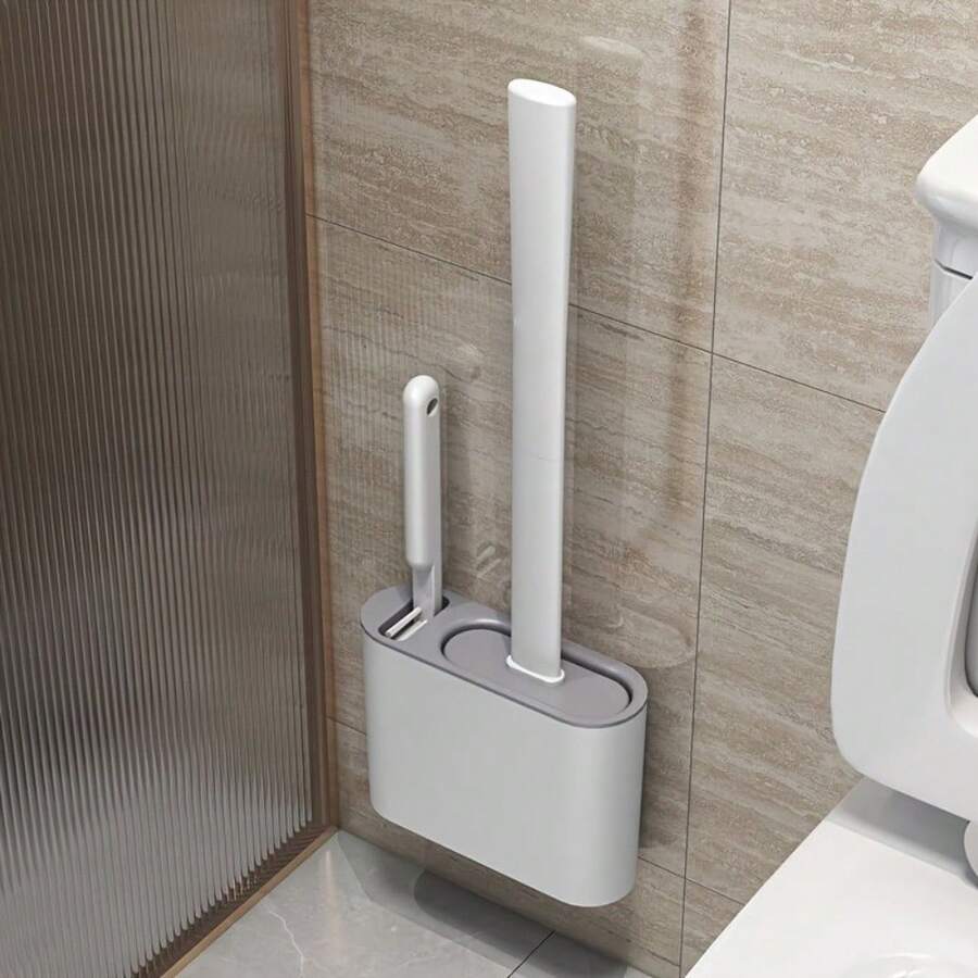 Toilet Brush With Wall-Mounted Storage Box - Flat Head Design, Suitable For Bathroom And Kitchen Cleaning - Blue - View 1