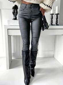 women PU leather pants，女彈力加絨pu褲 牛仔褲 women Fleece Lined Faux Leather Pants Boyfriend Fleece Leather Pants, Button and Zipper Design Winter Warm PU Leather Skinny Pants Comfort Leather Trousers with Stretch Sather Fit Warm Faux Leather - 無拉鍊 灰色 - 查看 1