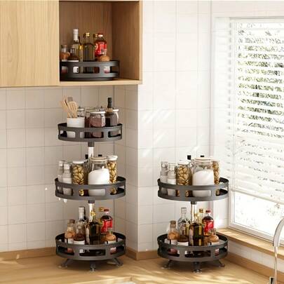 1pc Multi-Function Rotating Storage Rack, Rotating Kitchen Spice Rack, Rotating Spice Rack, Oil, Salt, Sauce, Vinegar Bottle Spice Jar Storage Rack, 360 Degree Rotating Storage Rack, Round Multi-Function Cooking Rack, Suitable For Kitchen, Rotating Spice Rack, Storage System, Bathroom Rotating Tray