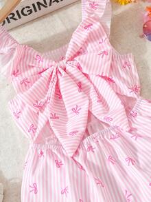 Girls' Summer Casual Backless Jumpsuit, Bow & Ruffle Trim, Striped Bow Print Romper, Fashionable Vacation Style For Girls - Pink - View 5