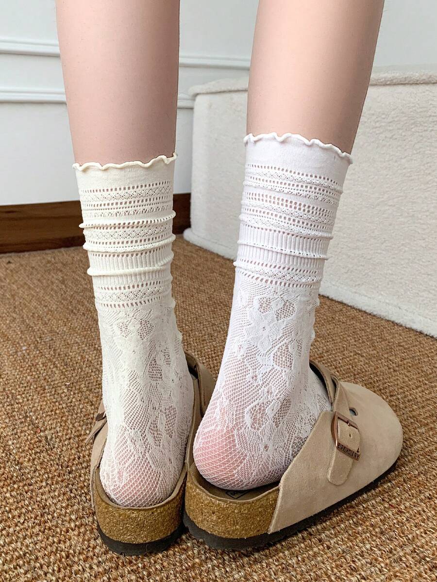 1 Pair/3 Pairs Lace Trim Mid-Calf Socks, Women's Breathable Sheer Ballet Style Long Socks, Thin For Spring And Summer - Multicolor - View 1