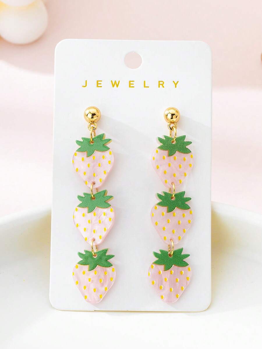 1 par de pendientes de acrílico con diseño de fresa linda, adecuados para primavera/verano, vacaciones, fiestas y uso diario - Blanco - Ver 1