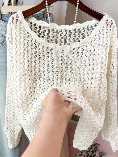 غطاء كاجوال طويل الأكمام مفرغ للنساء، لون أحادي، للربيع/الصيف