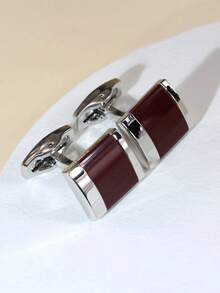 2pcs Maroon Plaid Enamel Cufflinks, Minimalist French Style Versatile Cufflinks For Men - Multicolor - View 5