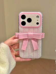 Pink White Bowknot Fashion Phone Case Niche Pink & White Striped Polka Dot 3D Bow Tie Design Phone Case Suitable Compatible With Iphone 17 Pro Max 16 New 15 Pro 14 PM Full Coverage Protection For Women Spring - Pink - View 6