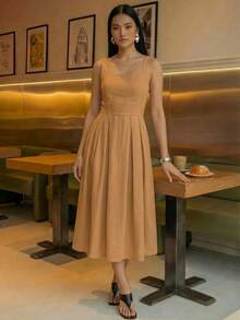 A&DD MODA,REF:MK09 - Women's Midi Dress With Elastic Straps And Pockets, Lightweight And Breathable Summer Dress Made Of Linen Fabric, Sweet And Slim Square Neckline, Sleeveless, Fitted Waist And A-Line Skirt, Suitable For Women - 棕色 - 查看 2