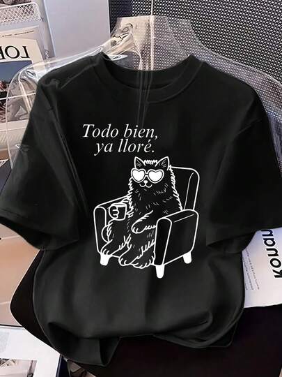 Camiseta de mujer divertida y desgarradora con gato - Parte superior de cuello redondo de verano con estampado de gatito lindo apta para amantes de los gatos - Atuendo casual y eventos temáticos (lavable a máquina, negro)