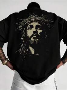 Men's Oversized Casual T-Shirt With Printed Face Of Christ Front And Back, 100% Cotton. - Black - View 1