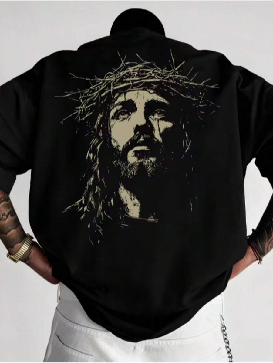 Men's Oversized Casual T-Shirt With Printed Face Of Christ Front And Back, 100% Cotton. - Black - View 1