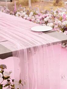 1 pieza 160*100cm Camino de mesa transparente de organza rosa con decoración de perlas falsas, para decoración de boda, arco de boda, regalo de ducha nupcial, decoración de fiesta, decoración de silla, telón de fondo de eventos, Día de San Valentín - A - Ver 1