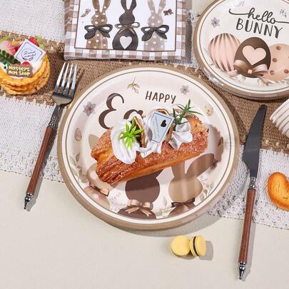 10/20/50pcs,Brown Easter Bunny Party Paper Plates And Napkins Cups Sets,Some Bunny Is One Decorations,Spring Alice In Wonderland Tea Party Supplies,Happy Easter Bunny Disposable Paper Plates, Napkins, Cups For Woodland Babe Shower Supplie