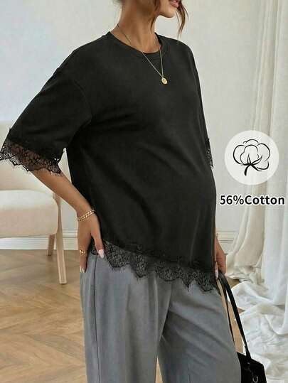 Blusa de maternidad con mangas 3/4 y adorno de encaje, camiseta de maternidad holgada y cómoda de mezcla de algodón, adecuada para uso diario, trabajo y tiempo libre, color negro