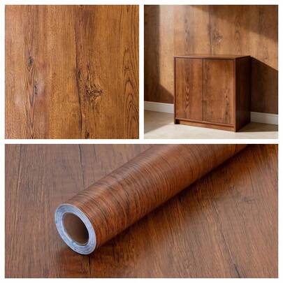 1 Roll Of Deep Walnut Wood Grain Waterproof Self-Adhesive Wallpaper, New Chinese Style Door, Cabinet, Dining Table Renovation Decorative Wallpaper, Pvc Wallpaper Thick, Durable, Easy To Install, And Detachable 17.7inx39.3/118.1/196.8in Wood Grain Self-Adhesive Wallpaper