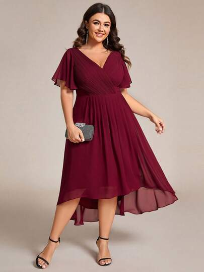 EVERPRETTY Plus Size Elegant Chiffon V-Neck Ruched Front Burgundy Bridesmaid Dress, Soft High-Low Ruffle Hem Suitable For Wedding Guest, Formal Evening Occasions