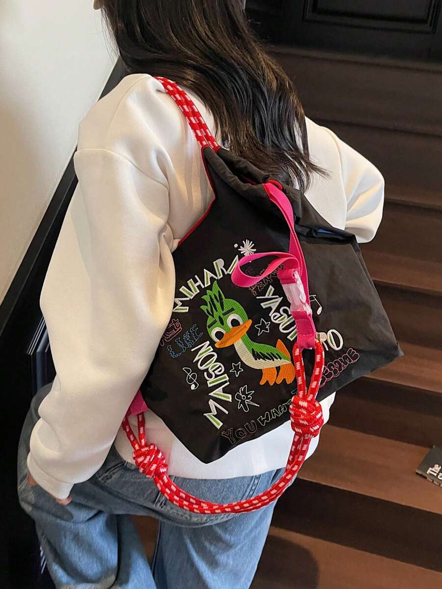 Túi tote thêu họa tiết vịt xanh, túi nylon chống thấm nước, đa năng, phong cách thường ngày. - màu đen - Xem 1