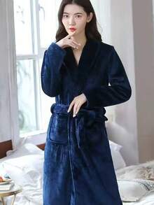 1pc Women's Plush Bathrobe, Multiple Colors Available, With Belt And Pockets. Fluffy, Soft And Warm, Suitable For Both Men And Women. Ultra-Soft Plush Fabric, Excellent Water Absorption. - Multicolor - View 2