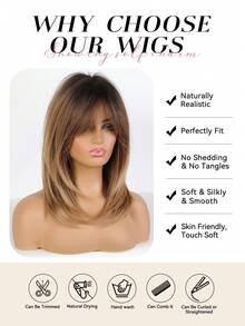 18 Inch Black & Brown Layered Wig With Bangs, Soft & Easy To Style Synthetic Hair, Suitable For Daily Wear, Work, Holidays, Halloween, Christmas, Gift For Women - Brown Ombre - View 6