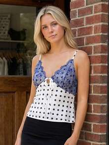 Women's Summer Slim Camisole Dot Print Spaghetti Strap V-Neck Lace Patchwork Tank Tops Streetwear - Blanco - Ver 6