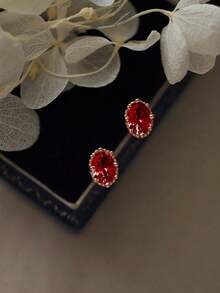 1 paire de boucles d'oreilles à tige en argent sterling S925 vintage avec zircone ovale. Bijou polyvalent pour un usage quotidien, cadeau pour les femmes, les amis, les couples. Nouvelle arrivée. - Elliptique Rouge-1 - Voir 1