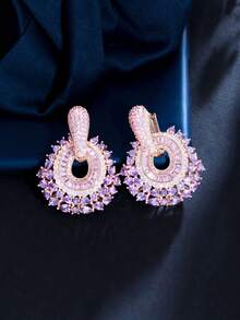 1 par de pendientes colgantes largos y grandes de circonita cúbica de lujo en color morado y rosa para bodas y fiestas - Morado - Ver 5