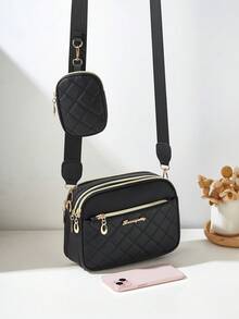 2pcs/Set Fashionable Rhombus Stitching Multilayer Crossbody Shoulder Bag & Charm Bag For Women - Black - View 4