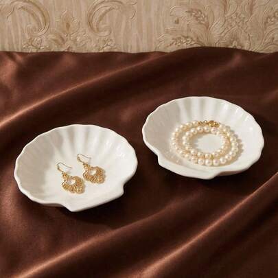 Cirelle 1Pc Shell Shape Jewelry Small Tray Ceramic Material Storage Small Plate Bedroom Dresser Decoration, Gift For Valentine's Day Back To School, Room Decor